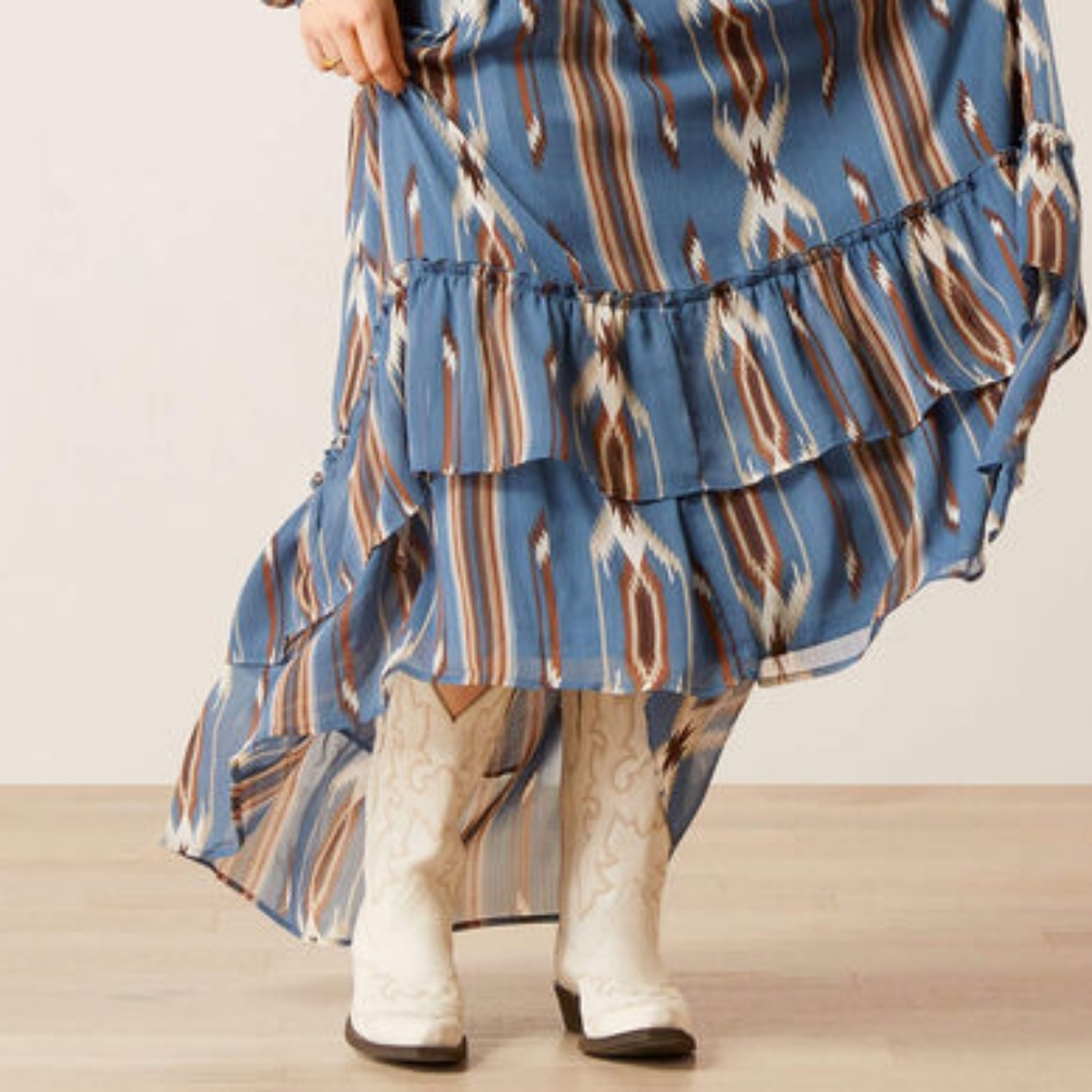 ARIAT JACOBO CHIMAYO SOUTHWESTERN AZTEC PRINT RUFFLED HI LOW HEM MIDI SKIRT - Picture 5 of 15
